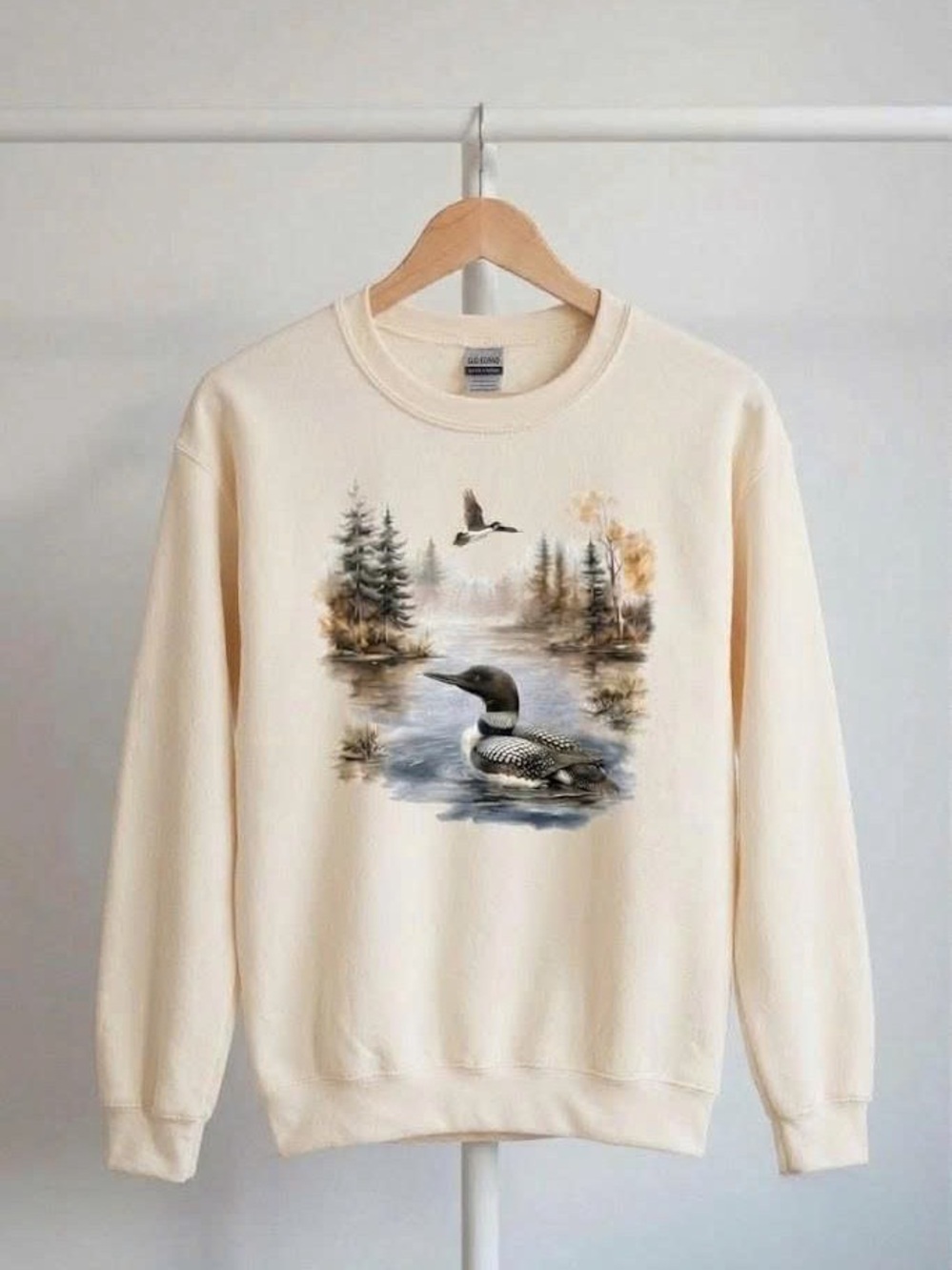 Wild Loon Lake Scene Graphic Crewneck Bird Lover Nature Pullover Sweatshirt